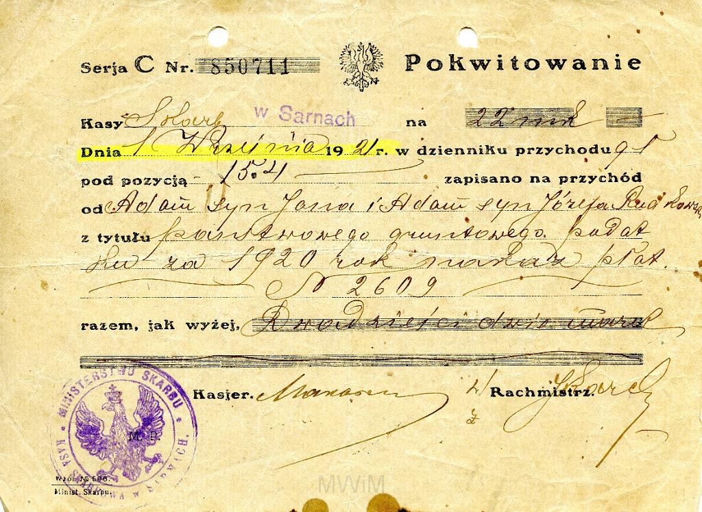 KKE 3520.jpg - Dokument. Adam Rutkowski pokwitowanie podatkowe, Sarny, 1921 r.